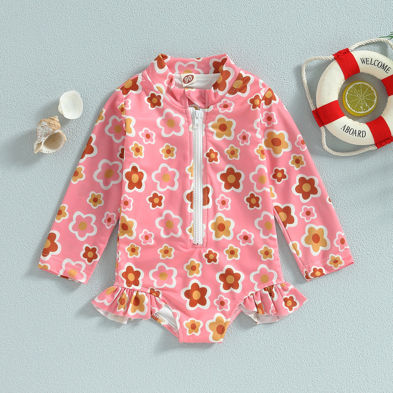 Lioraitiin Summer Kids Baby Girl Swimsuits Floral Long Sleeve Zipper Ruffles Jumpsuit Swimwear Beachwear Bathing Suits