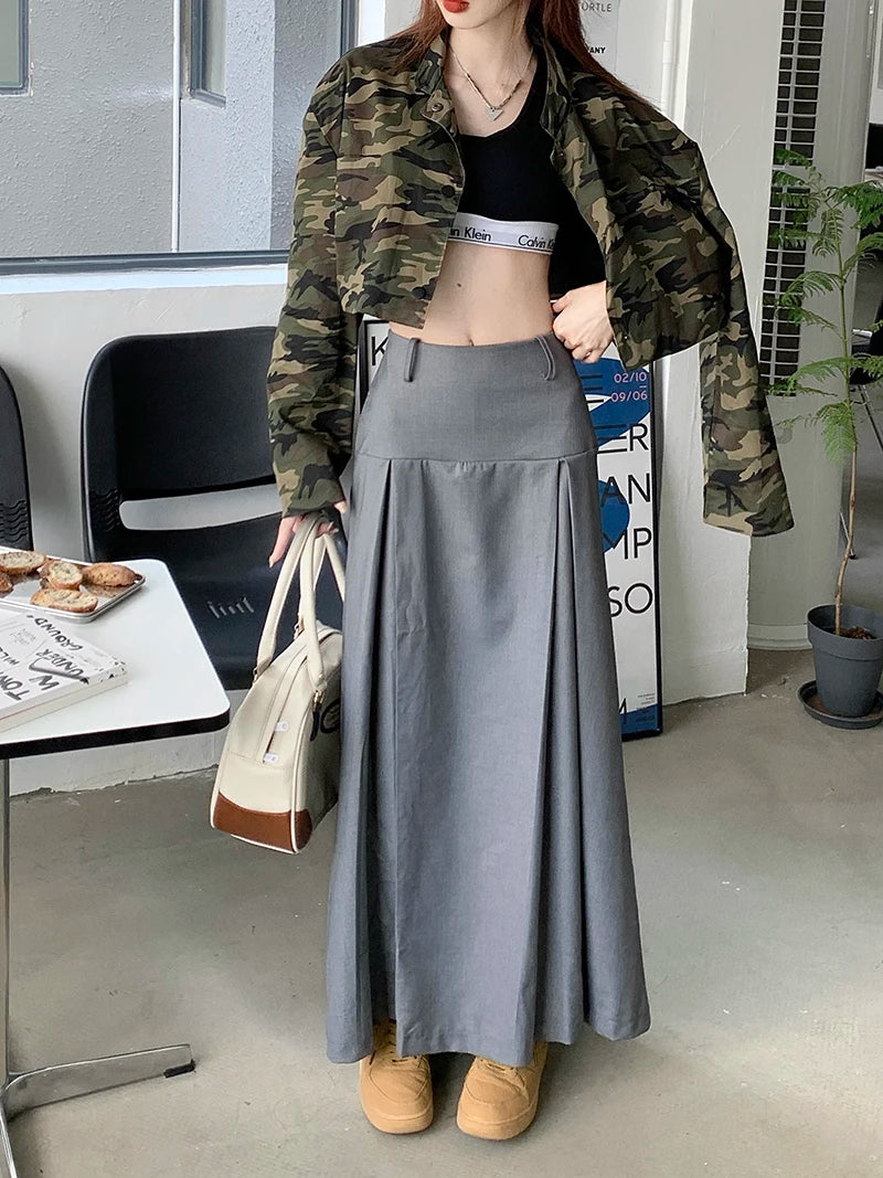 Qiukichonson Grey Midi Long Skirts Womens Trousers Skirt 2022 Autumn Winter Goth Lolita High Waist Asymmetrical Pleated Skirts