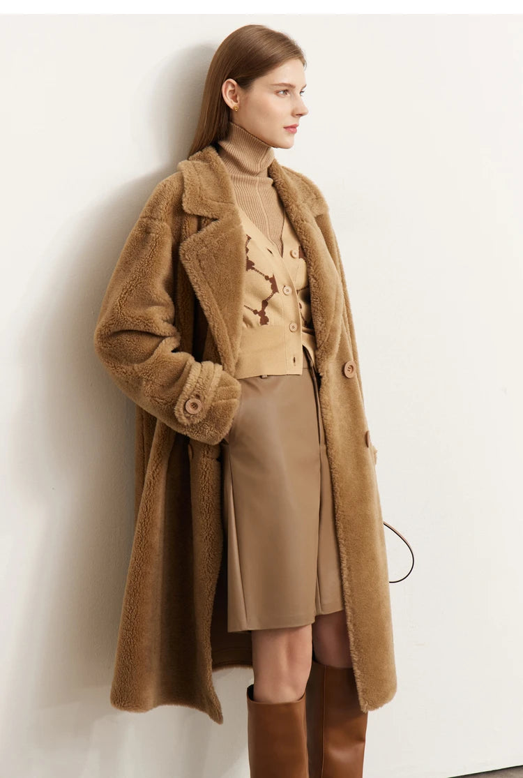 Amii Fur Coat 2025 Winter New Warm Office Lady Turn-Down Collar Full Wool Outerwears Straight Double-breasted Coat 12554013