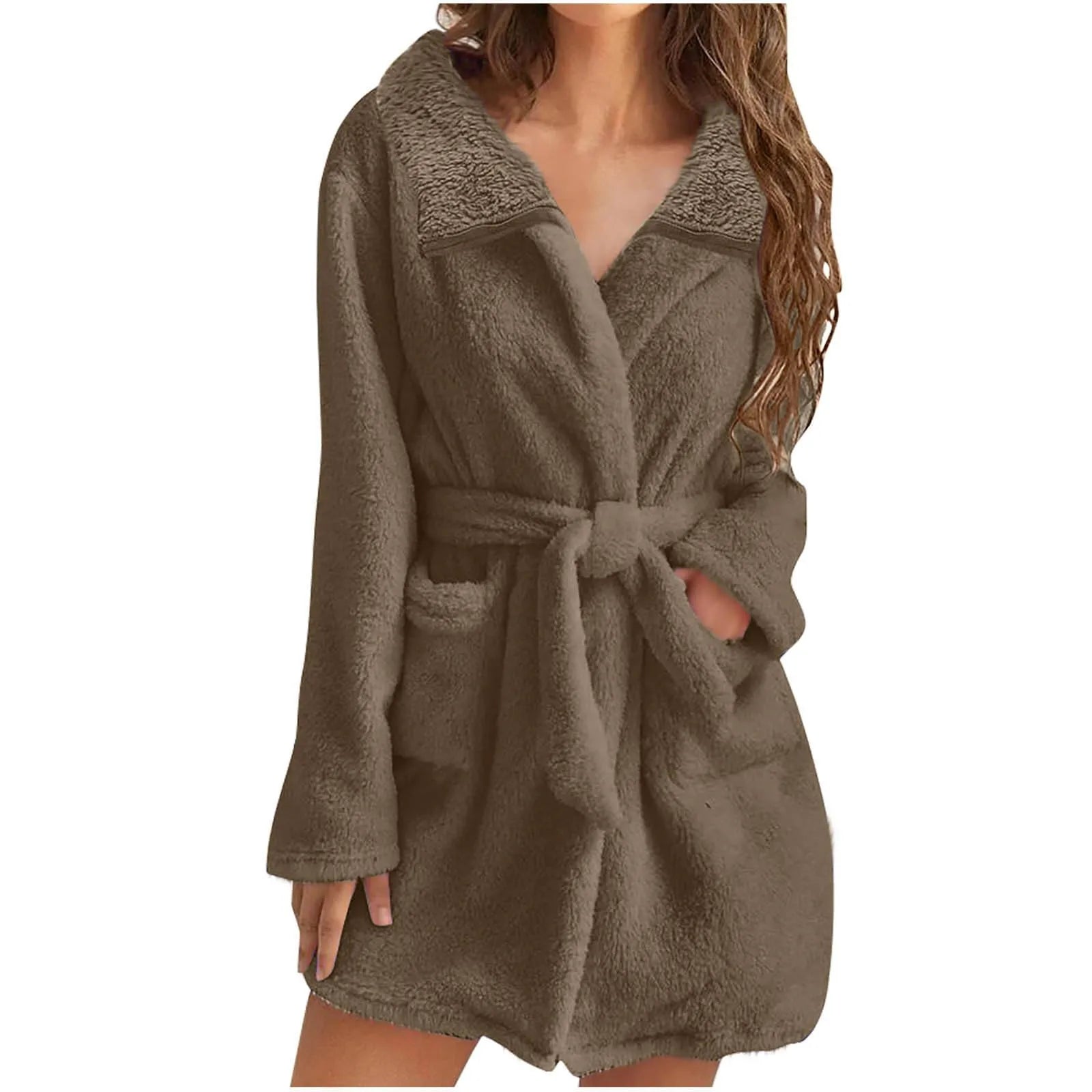 Women Warm Plush Hooded Bathrobe Wainter Plush Lapel Robe With Pockets Female Pajamas Robe Long Home Clothes Lingeries For Woman