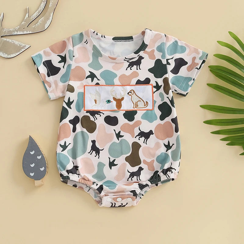 Lioraitiin Newborn Baby Boys Summer Jumpsuit Casual Dog Camouflage Print Embroidery Short Sleeve Romper Cute Clothes