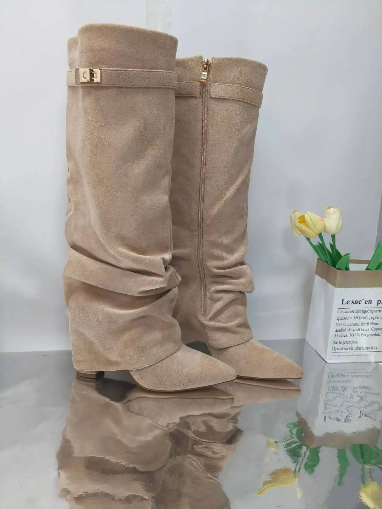 Ladies' Autumn and Winter New Pointed Knee High Women's Boots, Thick High-heeled Long Pants Boots, Fashionable Mid Rise Boots