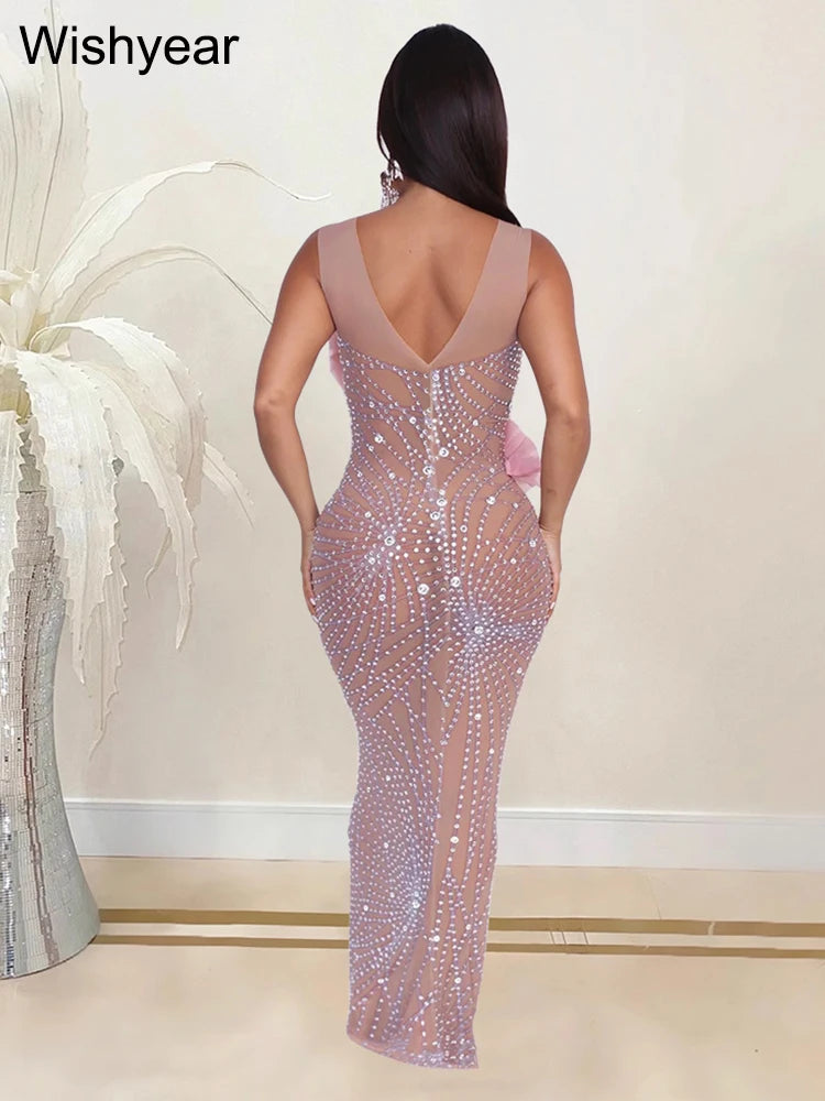 New Elegant Sheer Mesh Rhinestone Patchwork Pink Long Dress Women Sexy See Though 3D Flower Sleeveless Birthday Party Vestidos
