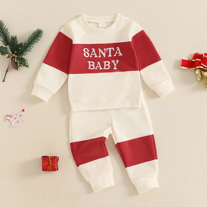 Toddler Baby Boy Christmas Outfit Letter Embroidery Contrast Color Long Sleeve Sweatshirt and Elastic Pants Clothes