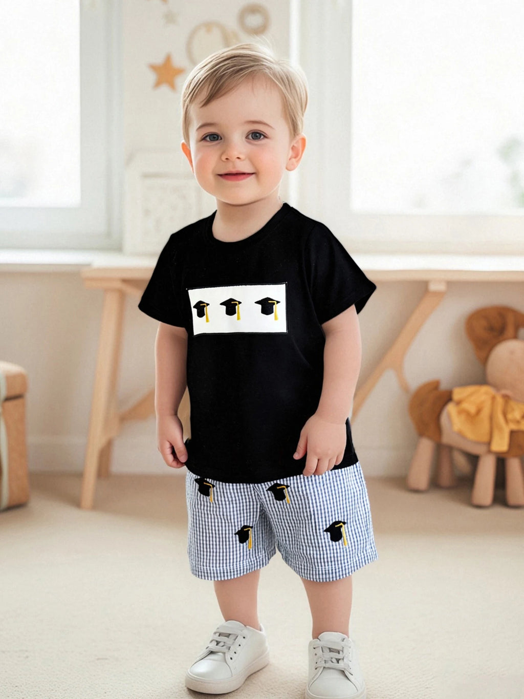 Cute 2 Piece Summer Outfits with Graduation Cap Embroidery Short Sleeve T-Shirt and Plaid Shorts Set for Baby Girl or Boy
