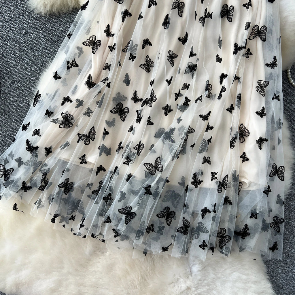 SINGREINY 2024 High Qulaity Embroidery Long Skirt Ladies Elastic Waist Butterfly Print Streetwear A Line Loose Mesh Party Skirt