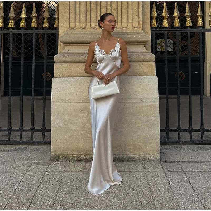 Lace Patchwork Sling Maxi Dress Women Sexy Solid V-neck Sleeveless Backless Satin Slim Dresses 2026 Lady Chic Party Evening Gown