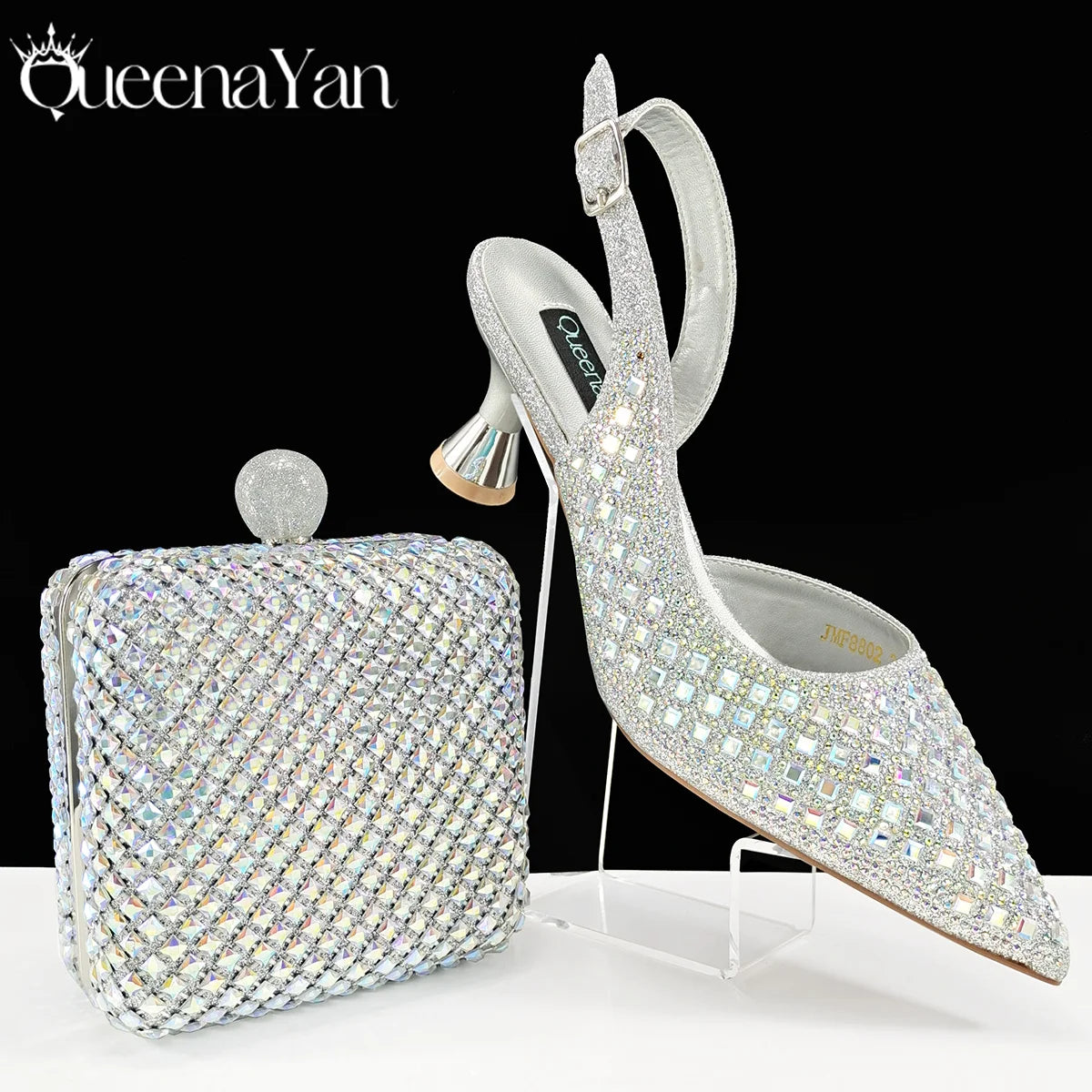 Queena Yan 2025 Italian Design Rhinestone Luxury Navy Blue Pointed Toe Shoe & Bag Set Women High Heels for Parties High Quality
