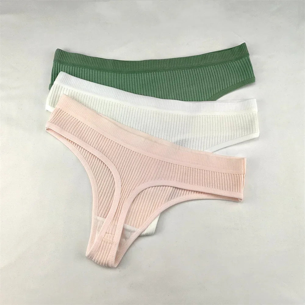 3Pcs/Set Women Thong G String Soft Ribbed Cotton Brazilian Panties Solid Color Low Rise Underwear Female Intimates Lingerie