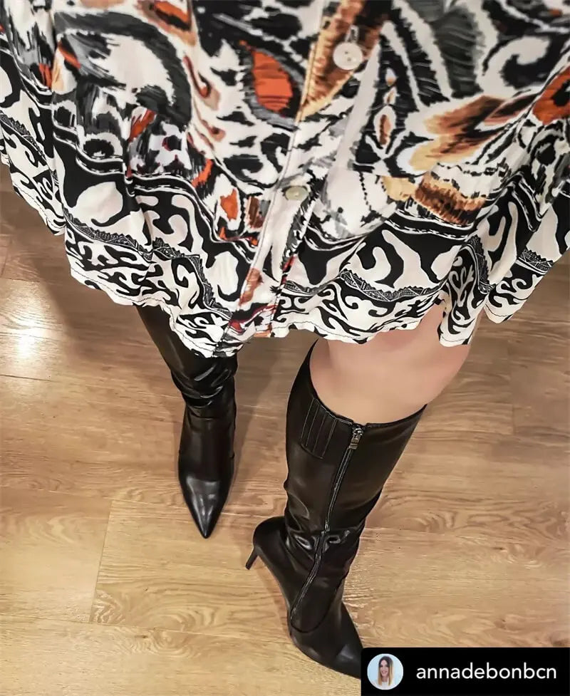 Onlymaker Pointed Toe Knee High Boots Stiletto High Heels Soft PU Leather Flock Concise Side Zipper Big Size Fashion Boots
