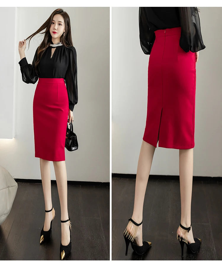Fahsion Summer Office Black Skirts Women 2024 Elegant High Waist Gray Red Bodycon Skirt Sexy High Waist Midi Mujer Faldas S-2XL