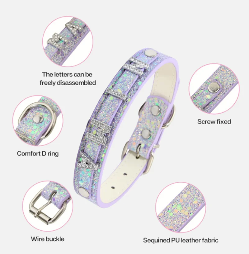 Rhinestone DIY Letter Customizable Pet Collar – Adjustable Leather Cat Necklace & Dog Collar with Bright Glitter Pet Accessories