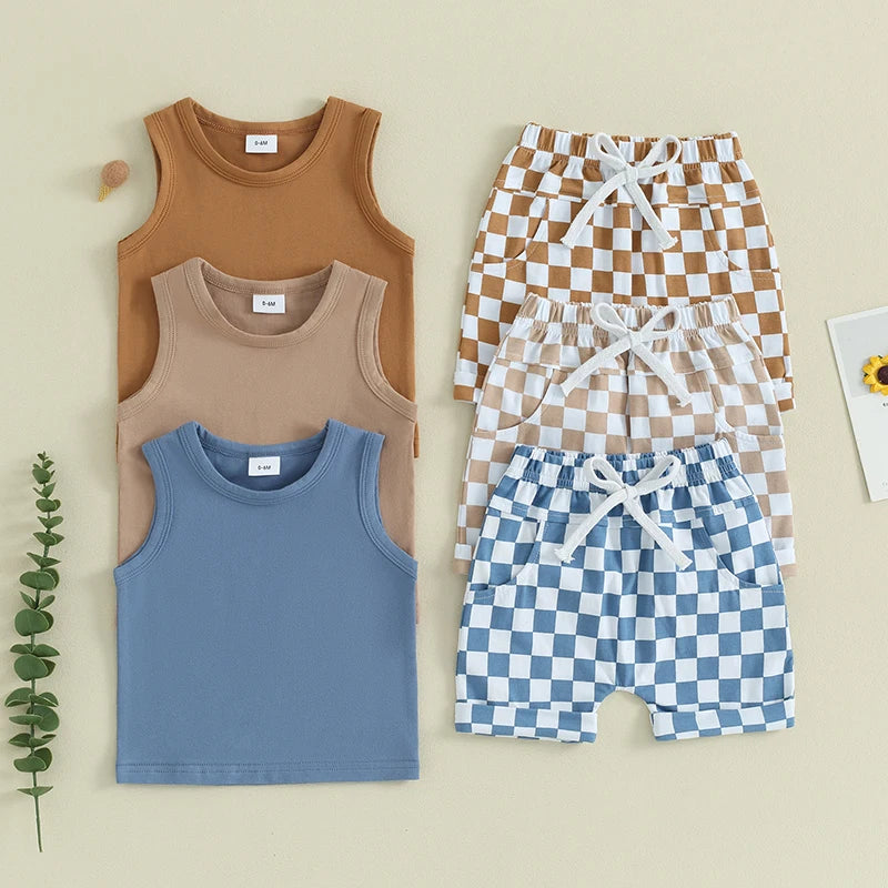 2023-12-09 lioraitiin Summer Baby Boy Clothes Solid Sleeveless Tank Top Checkered Shorts 2Pcs Outfit Set