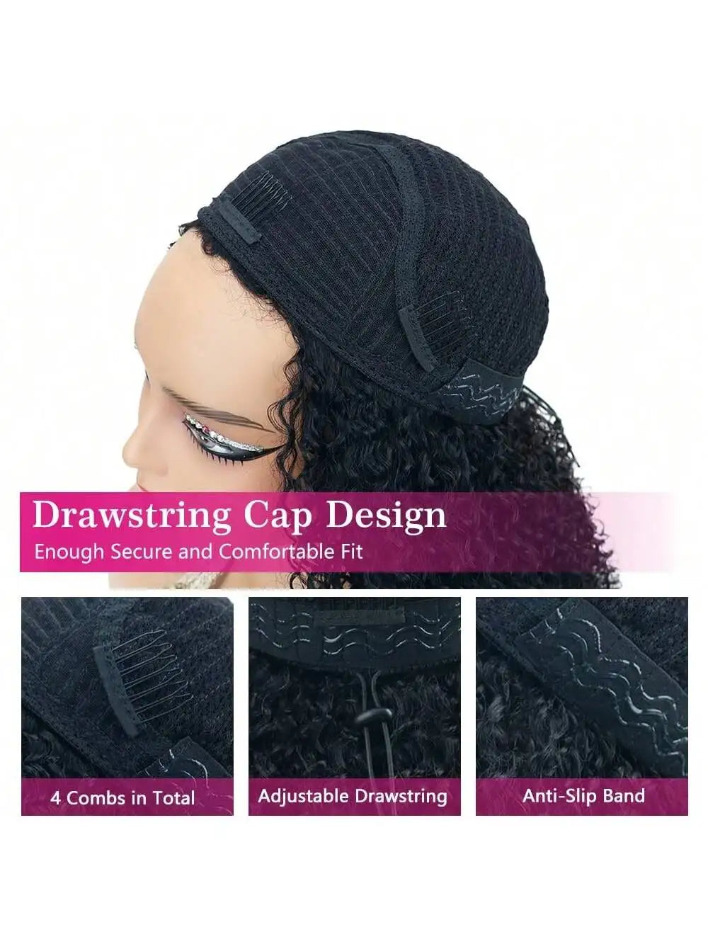 Afro Curly 3 In 1 Half Wig Human Hair Elastic Drawstring Wear Go Glueless Kinky Curly Human Hair Half Wigs Friendly To Beginners
