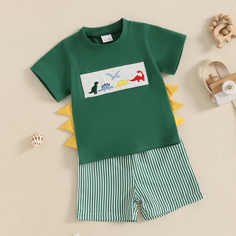 Lioraitiin Toddler Baby Boy Shorts Set Whale/Dinosaur/Turtle Short Sleeve T-shirts Striped Elastic Waist Shorts Summer Outfit