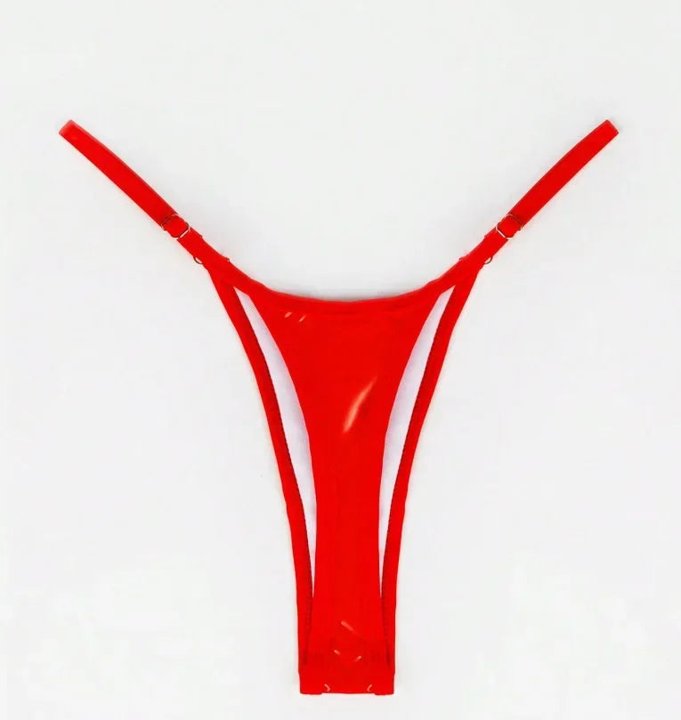 Women Adjustable Strap Thong Lady Briefs Panties G-string Glossy Triangle Shape Solid Color Elastic Mid Waist Ladies Underpants