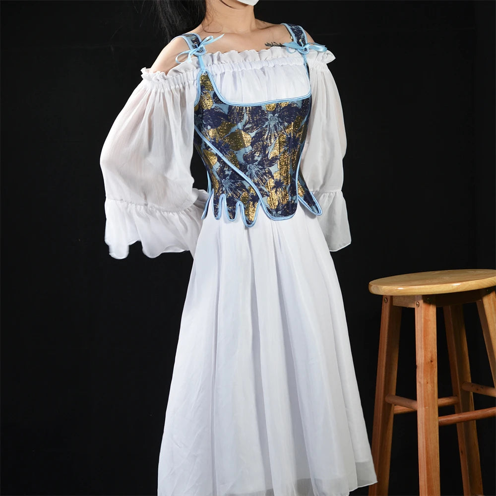 Fashion White Embossed Vintgae Petal Bodices Women Overbust Slimm Corsets Lace Up Boned Shaping Tops Korset
