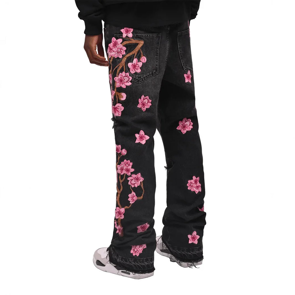 Men's high-street ripped jeans with floral embroidery patchwork, trendy street-style distressed flared jeans