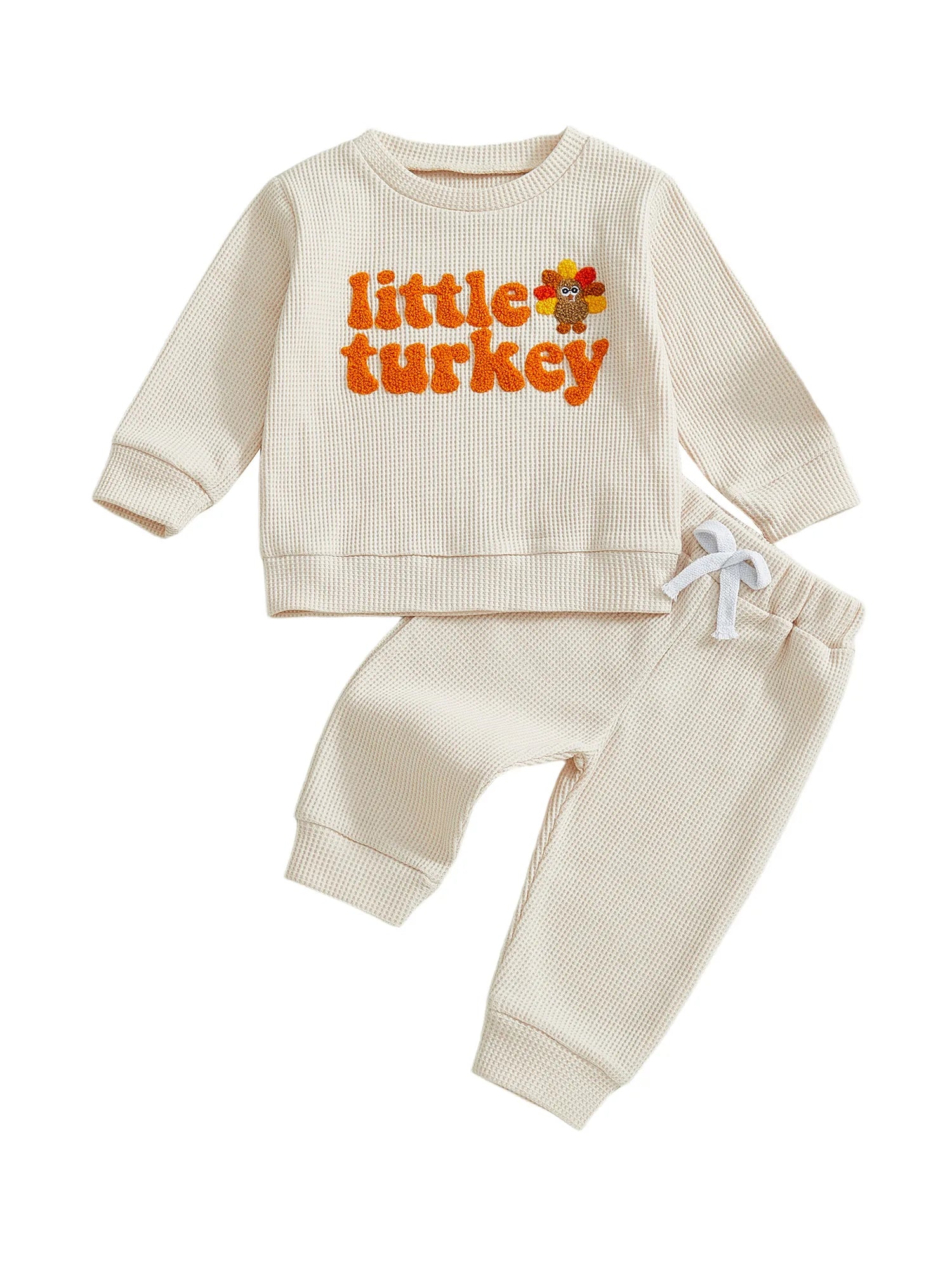 Toddler Baby Boys Thanksgiving Outfit Turkey Letter Embroidery Long Sleeve Pullover Elastic Waist Solid Pants 2Pcs Waffled Set