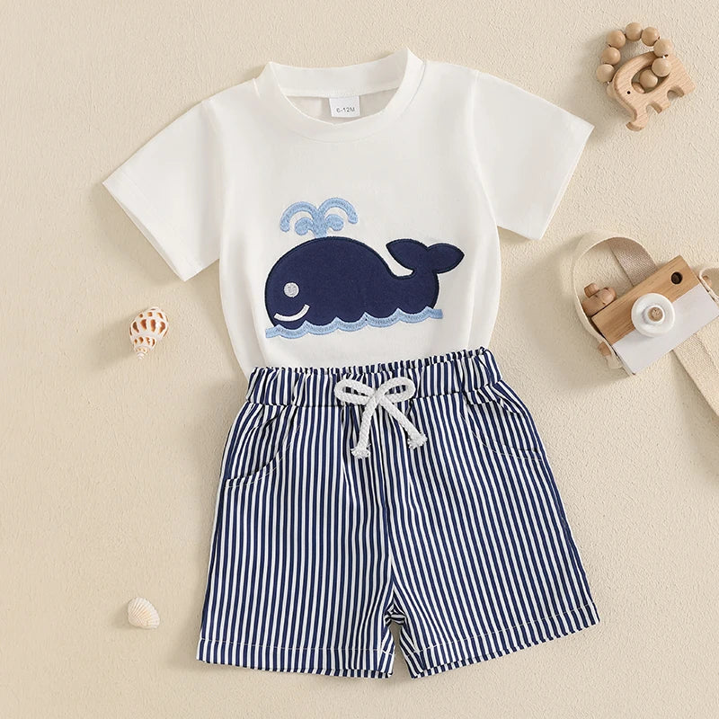 Lioraitiin Toddler Baby Boy Shorts Set Whale/Dinosaur/Turtle Short Sleeve T-shirts Striped Elastic Waist Shorts Summer Outfit