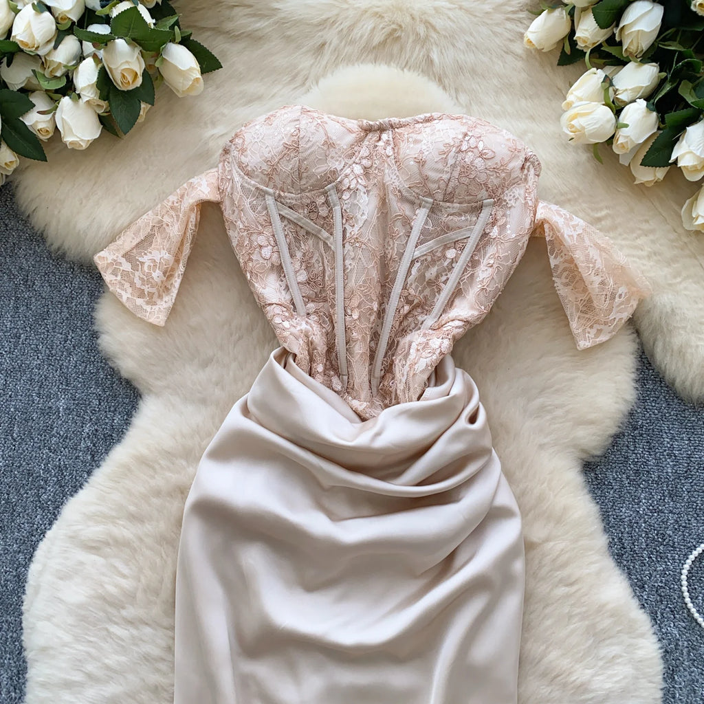 Women Chic satin Spliced mesh slash neck Sexy French Fashion Summer evening dress mermaid dress