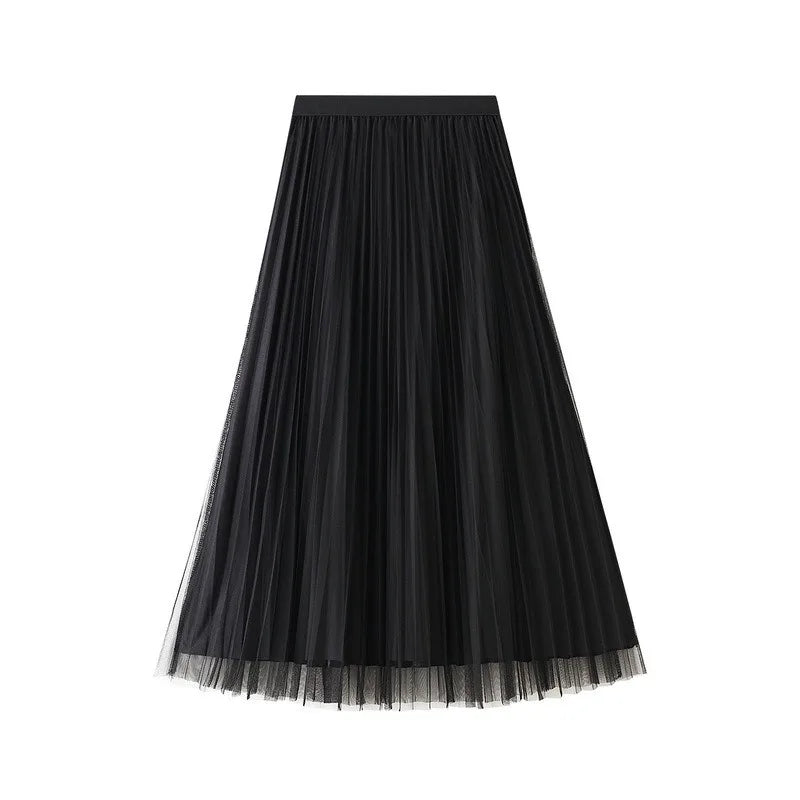 Luxury Velvet Pleated Skirts For Women 2024 Summer Fashion Women's High Waist Mesh Midi Skirt Female Elegant  Solid A-Line Skirt