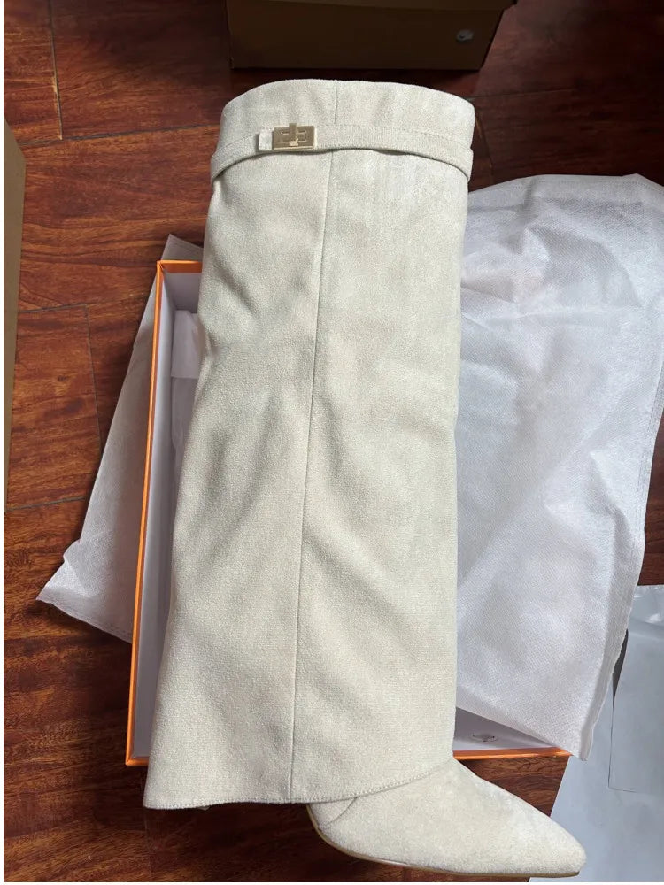 Ladies' Autumn and Winter New Pointed Knee High Women's Boots, Thick High-heeled Long Pants Boots, Fashionable Mid Rise Boots