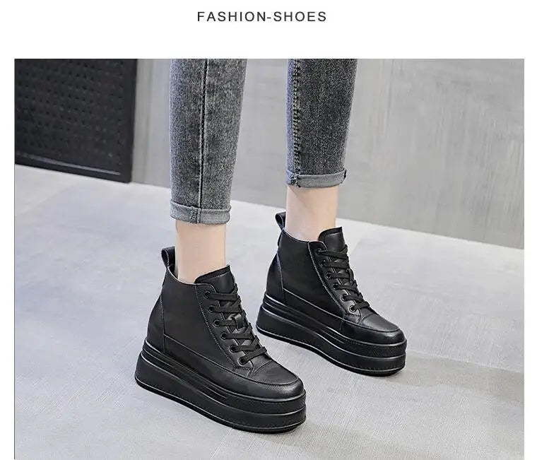 Women High Top Sneakers Platform Breathable Genuine Leather Shoes Spring Lady Wedges Casual Shoes For Woman Sports Dad Shoes 9CM