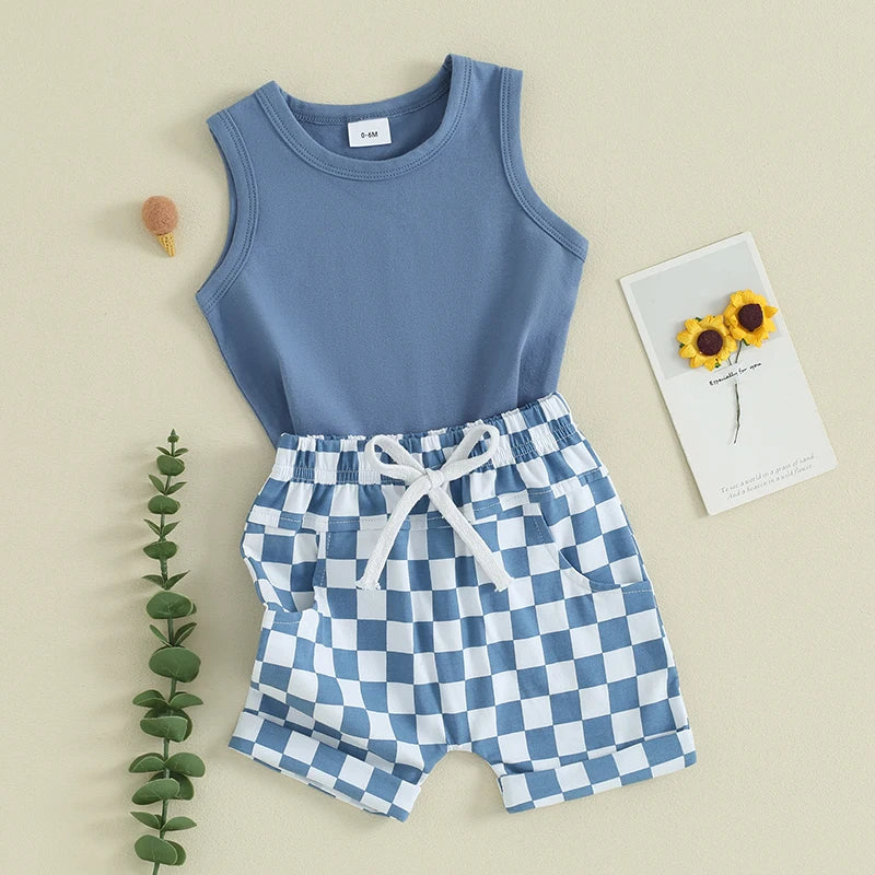 2023-12-09 lioraitiin Summer Baby Boy Clothes Solid Sleeveless Tank Top Checkered Shorts 2Pcs Outfit Set
