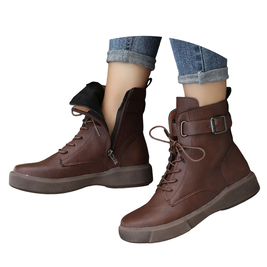 Women'S Fashionable Versatile Ankle Boots British Retro Belt Plus Velvet Short Suede Boots For Women Lace Up Flat Shoes Botines