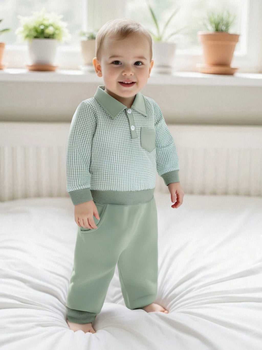 2025-06-03 Lioraitiin Toddler Baby Boys Fall Set Plaid Long Sleeve Lapel Tops and Solid Color Bow Pants with Pocket 2Pcs Outfits