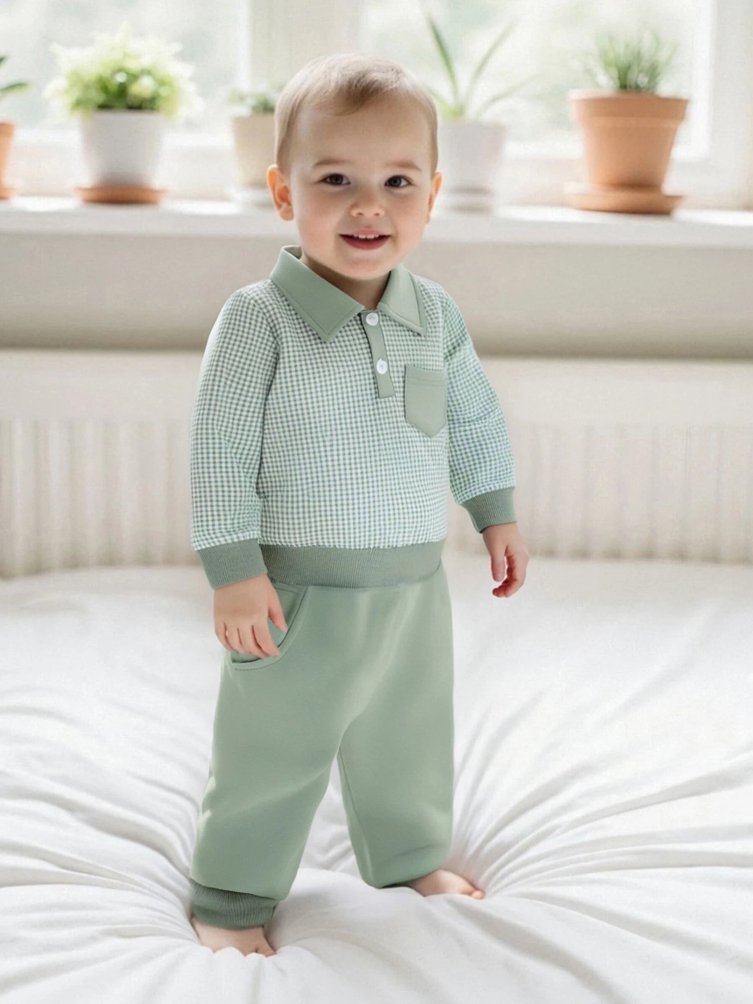 2025-06-03 Lioraitiin Toddler Baby Boys Fall Set Plaid Long Sleeve Lapel Tops and Solid Color Bow Pants with Pocket 2Pcs Outfits