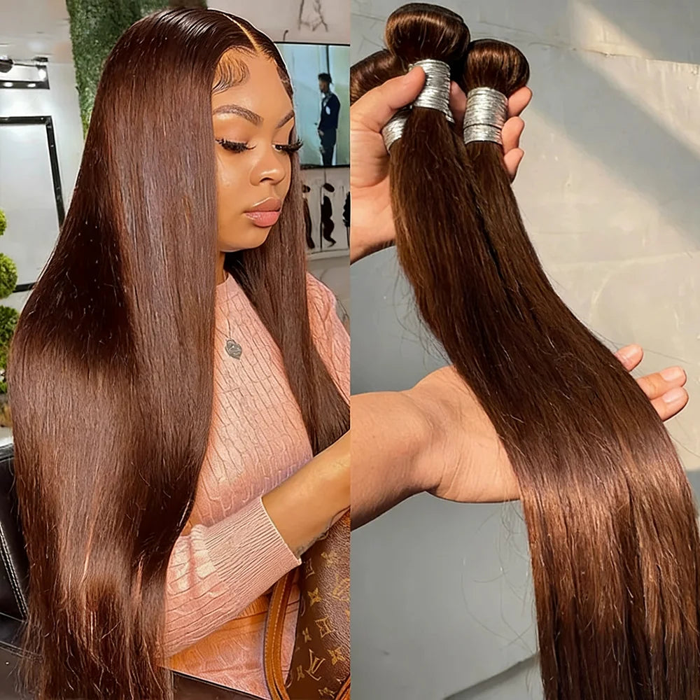Straight #4 Chocolate Brown Raw Virgin Human Hair Weave Bundles 1/3/4Pcs Indian Bone Straight Extension For Women Sale Clearance