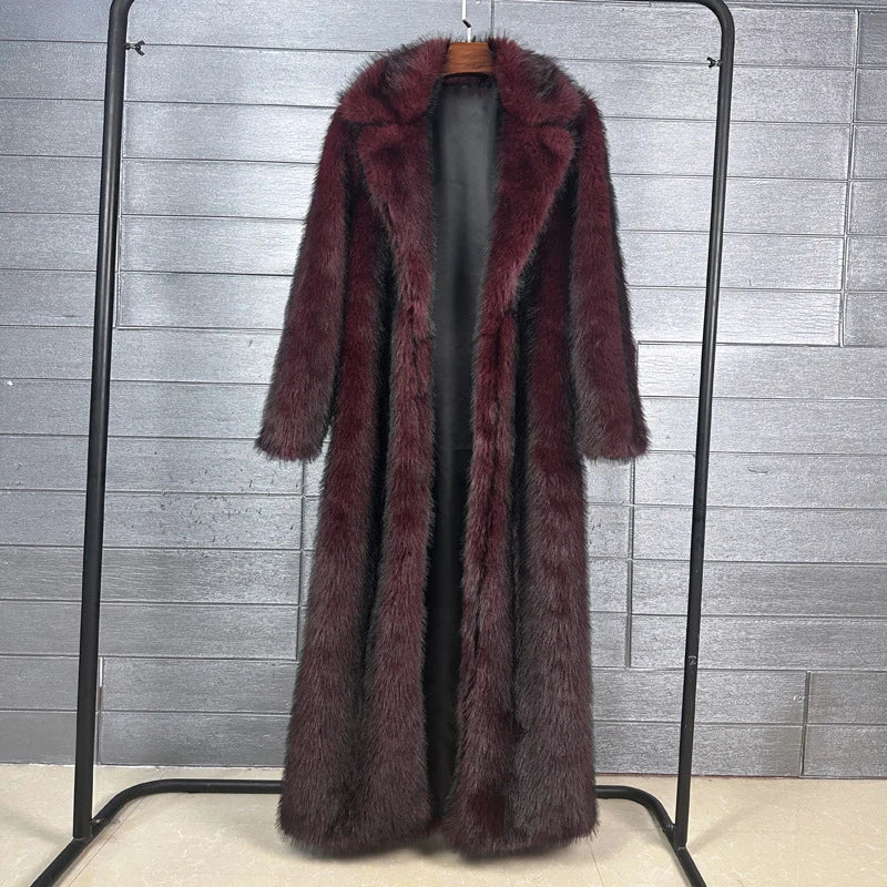 DEAT 2025 winter new fashion high quality Fox Faux Fur long Coat for Women Suit Collar solid color thick warm jacket 11A06914