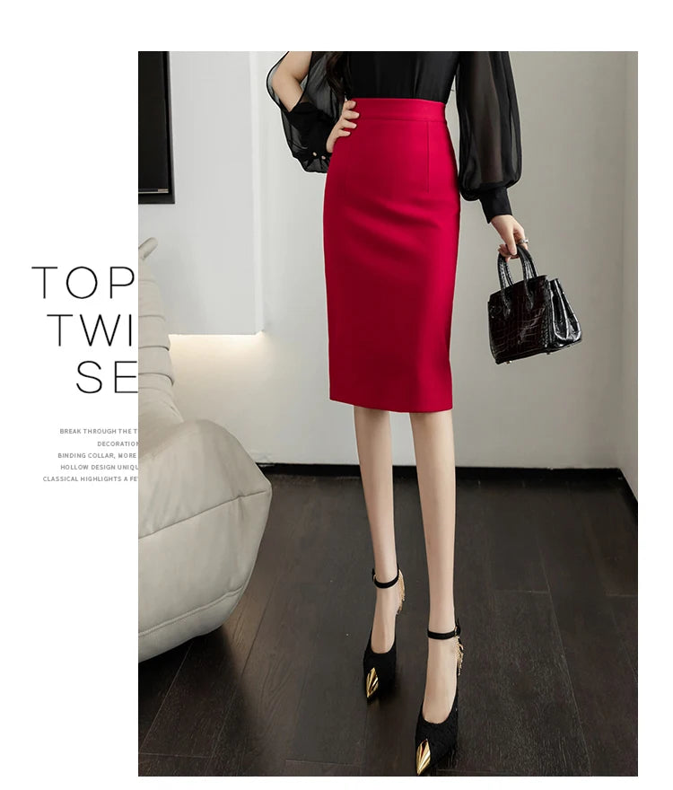 Fahsion Summer Office Black Skirts Women 2024 Elegant High Waist Gray Red Bodycon Skirt Sexy High Waist Midi Mujer Faldas S-2XL