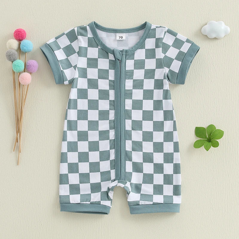 2025-02-06 Lioraitiin Baby Boys Summer Romper Checkerboard Print Short Sleeve Round Neck Zipper Front Jumpsuit
