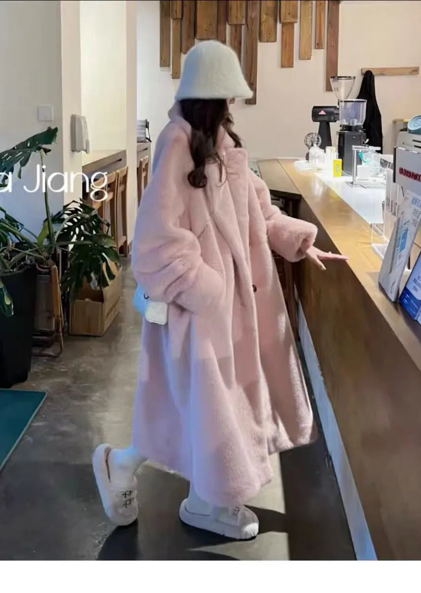 Women Winter Warm Thicken Long Fur Coat 2025 New Women Imitation Rabbit Fur Temperament Fur Coat Double-Breasted Fur Jacket
