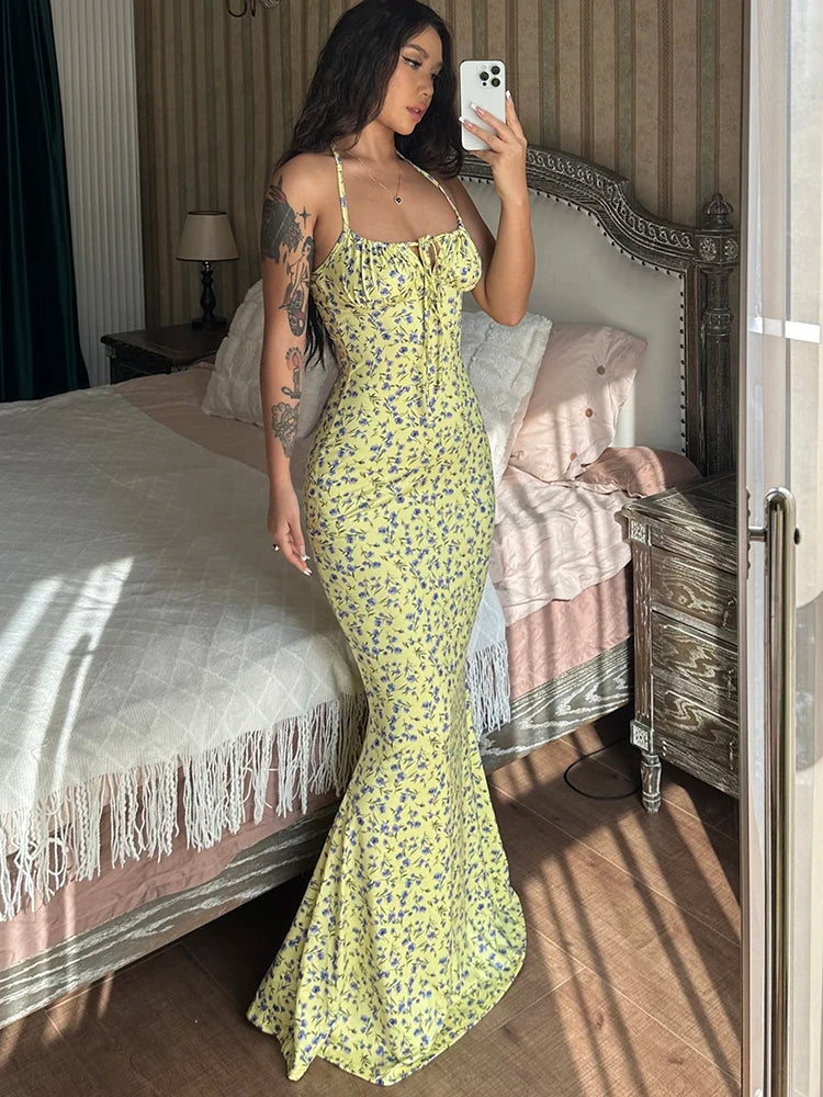 Dulzura Women Floral Print  Sleeveless Bodycon Maxi Dress Outfits Birthday Party Club Clothes