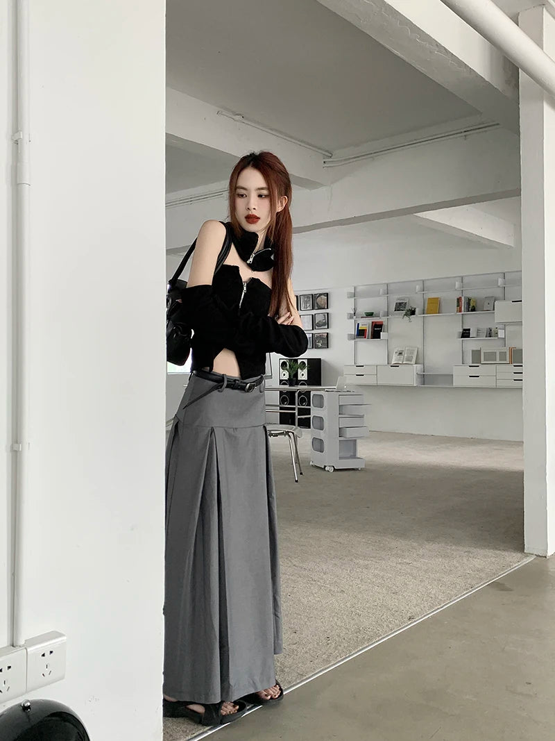 Qiukichonson Grey Midi Long Skirts Womens Trousers Skirt 2022 Autumn Winter Goth Lolita High Waist Asymmetrical Pleated Skirts