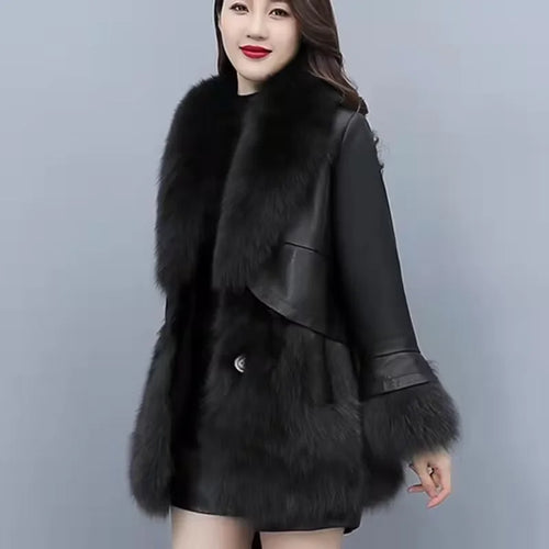 2025 Women Mid-Long Style Faux Fur Jacket Winter Female Pu Leather Splicing Fur Outwear Ladies Long Sleeve Thicken Warm Fur Coat