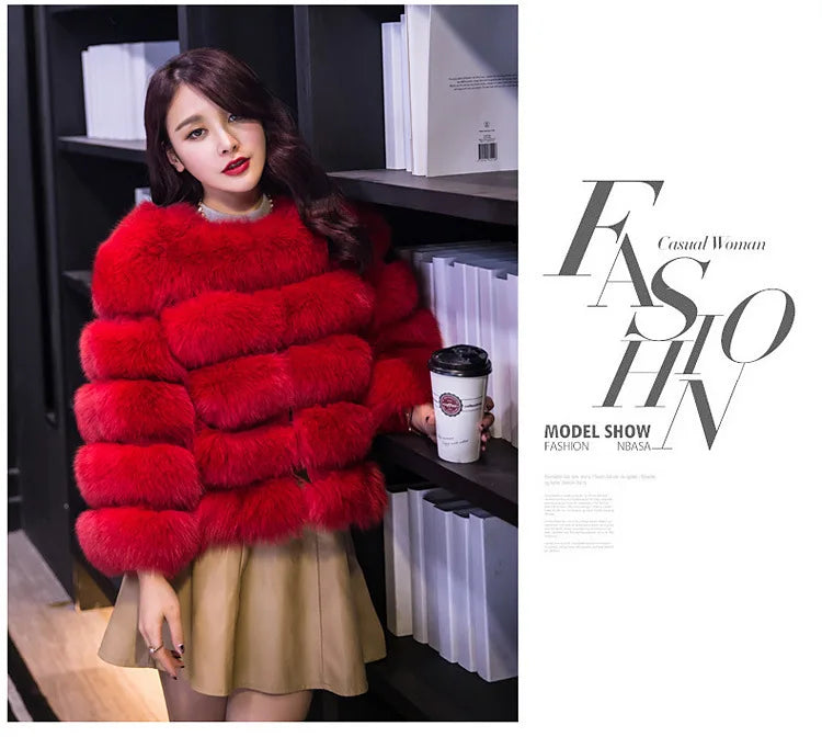 Women Faux Fox Fur Coats Zipper Short Coat Jackets Elegant Thick Warm Solid Jacket Lady Furry Outerwear Elegant Splice Winter