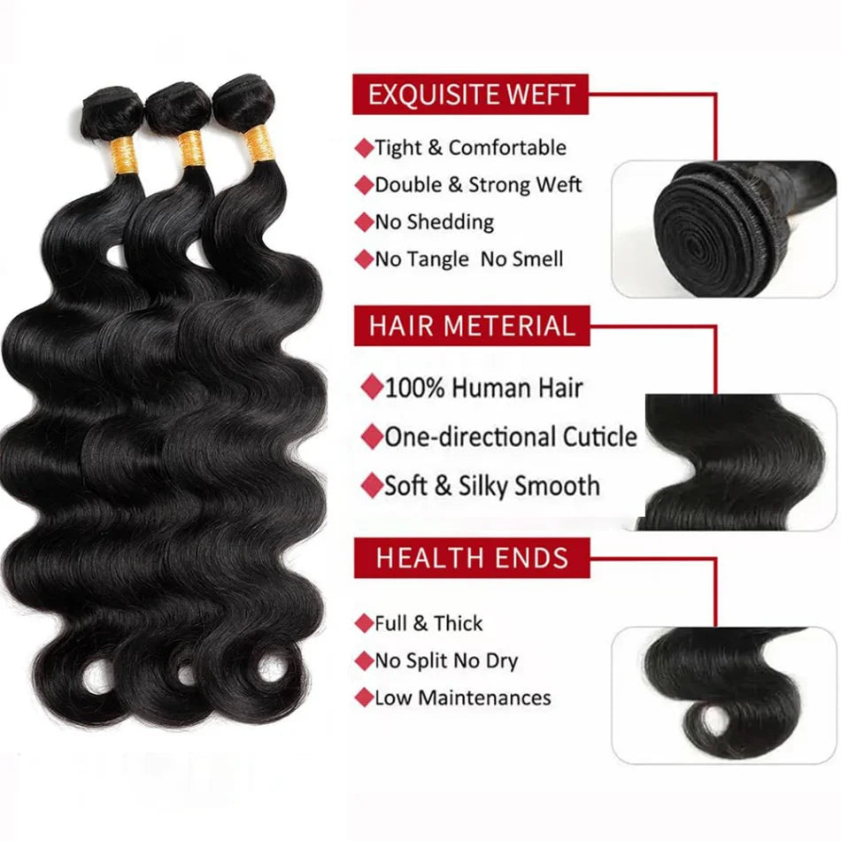 Original Natural Hair Body Wave Bundles Human Hair 26 28 30 Inch Brazilian Extensions 1/3/4 Pieces Bundles Deals For Women