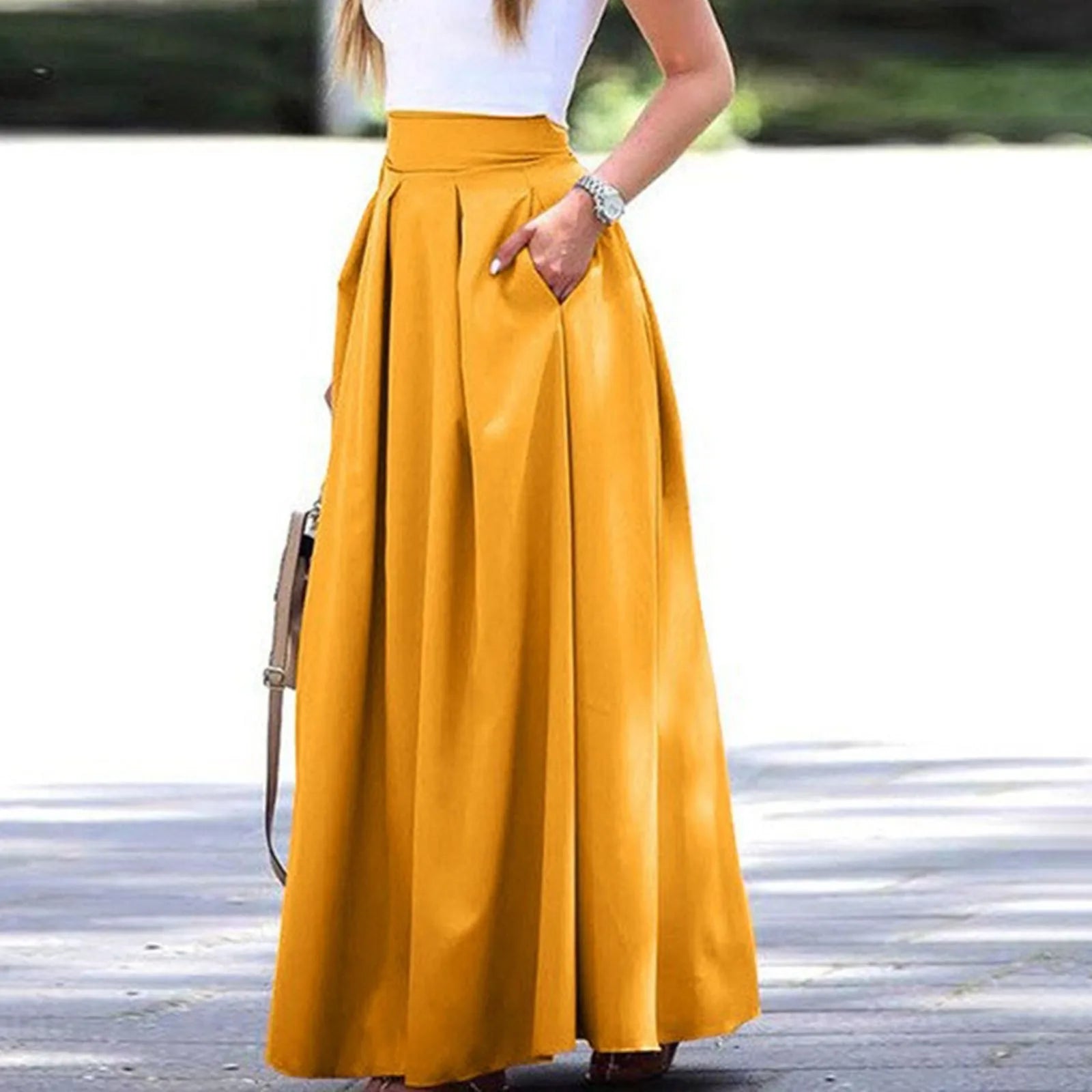 Vintage Low Rise Straight Skirts Women's Large Swing Solid Color High Waist Pleated Half Skirt With Pocket Summer Vacation Wear