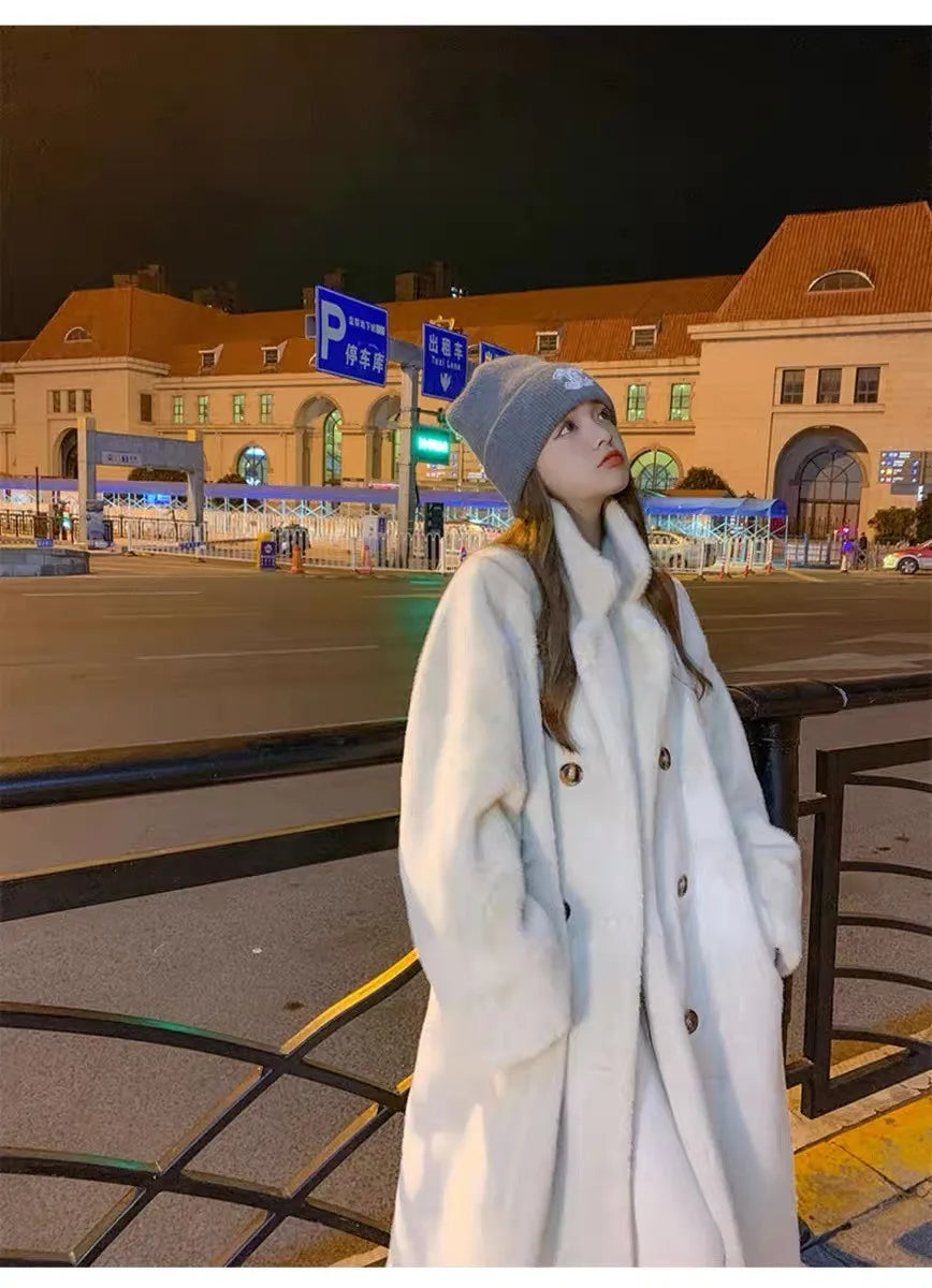 Women Winter Warm Thicken Long Fur Coat 2025 New Women Imitation Rabbit Fur Temperament Fur Coat Double-Breasted Fur Jacket