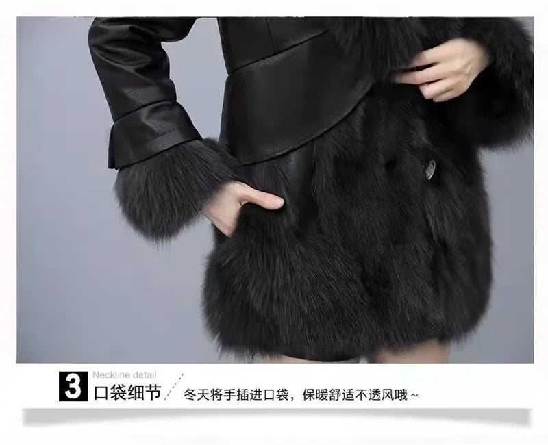 2025 Women Mid-Long Style Faux Fur Jacket Winter Female Pu Leather Splicing Fur Outwear Ladies Long Sleeve Thicken Warm Fur Coat
