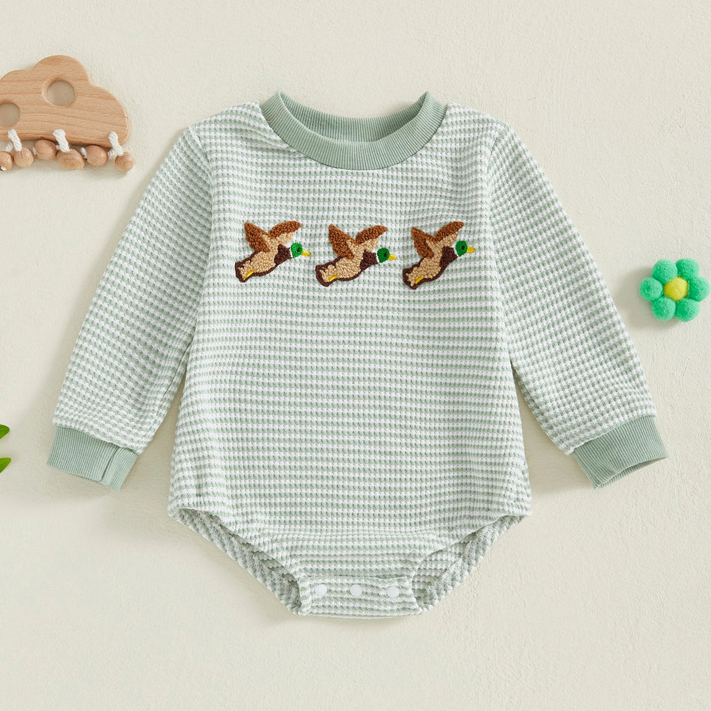 Lioraitiin Newborn Baby Boy Romper Long Sleeve Round Neck Duck Embroidery Bodysuit Fall Playsuit