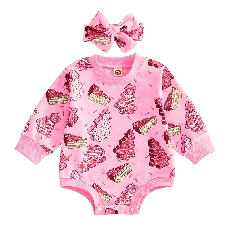 Toddler Baby Girls Sweatshirt Romper Christmas Tree Print Long Sleeve Jumpsuits and Cute Headband Set Infant
