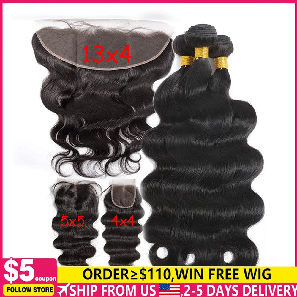 Peruvian Human Hair Bundles With Closure Body Wave Raw 3 4 Bundles With 4x4 5x5 HD Lace Closure Virgin Weave With 13x4 Frontal