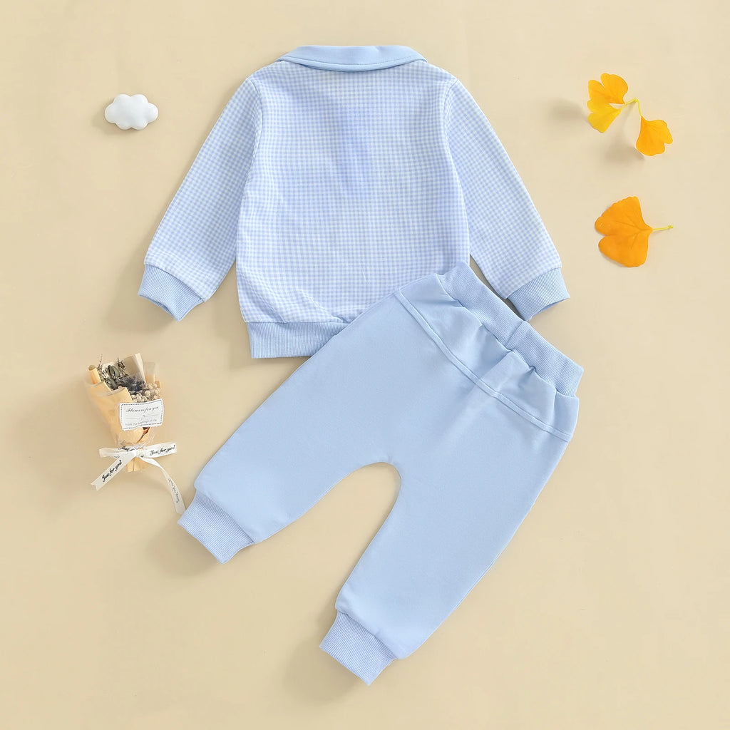 2025-06-03 Lioraitiin Toddler Baby Boys Fall Set Plaid Long Sleeve Lapel Tops and Solid Color Bow Pants with Pocket 2Pcs Outfits