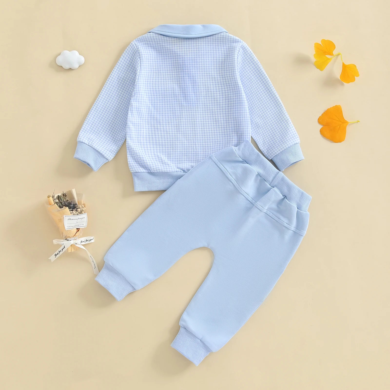 2025-06-03 Lioraitiin Toddler Baby Boys Fall Set Plaid Long Sleeve Lapel Tops and Solid Color Bow Pants with Pocket 2Pcs Outfits